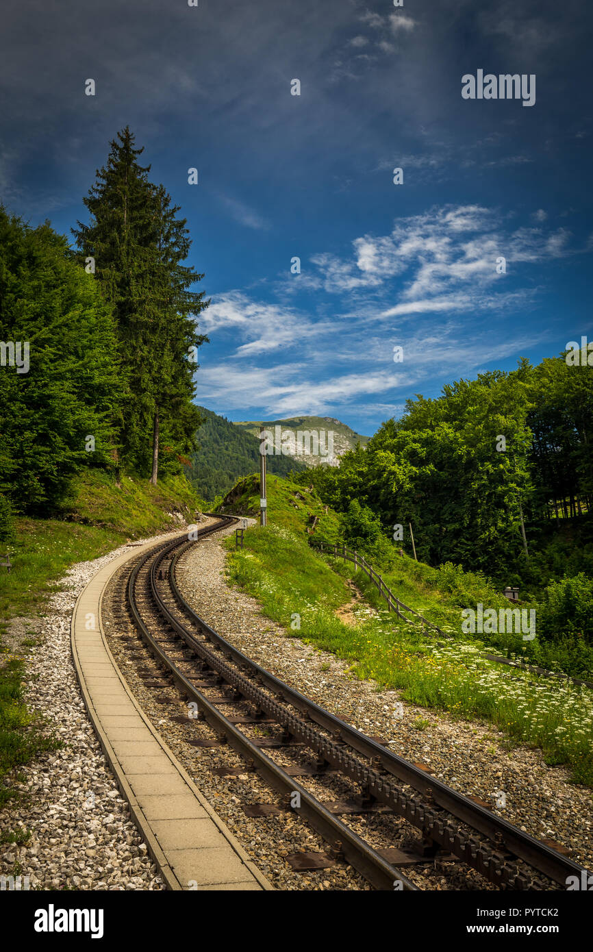 Alpine rack Railway Track zu Schafberg, wo Steam Train Touristen auf einen Berg in den österreichischen Alpen in der Nähe von Salzburg nimmt Stockfoto