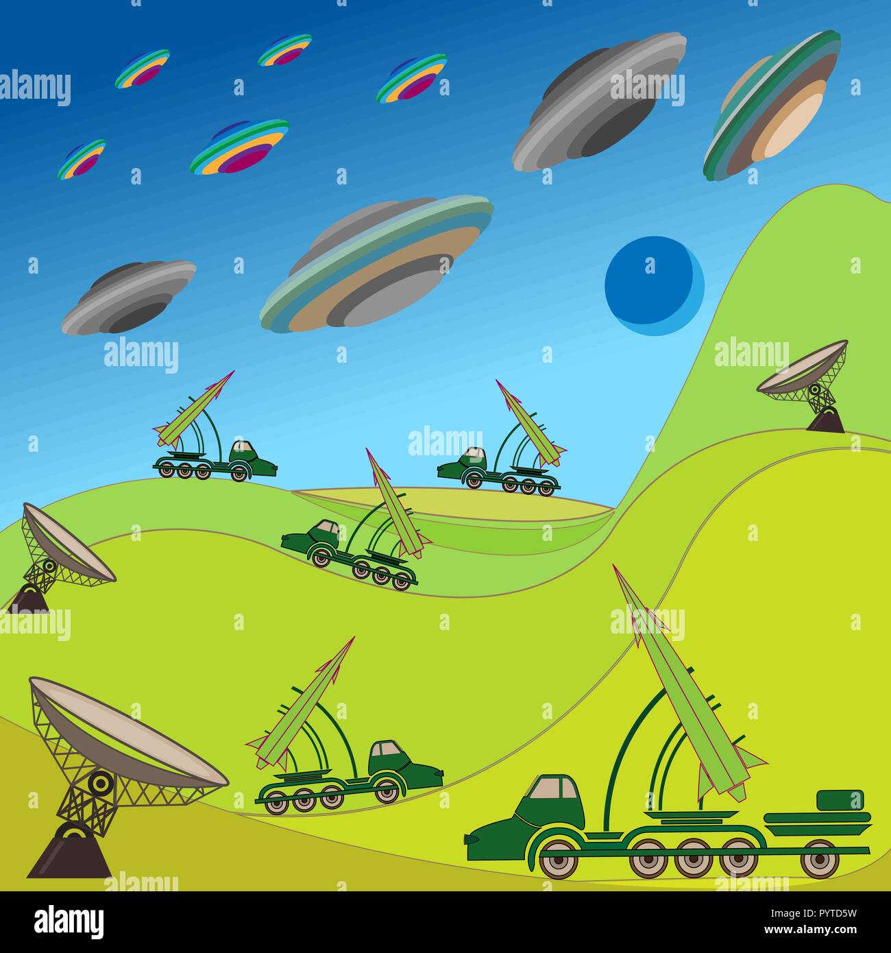 Fliegende Teller von Aliens greifen die Erde. Militärische Rakete hält die Verteidigung. Handzeichnung Vector Illustration Stock Vektor