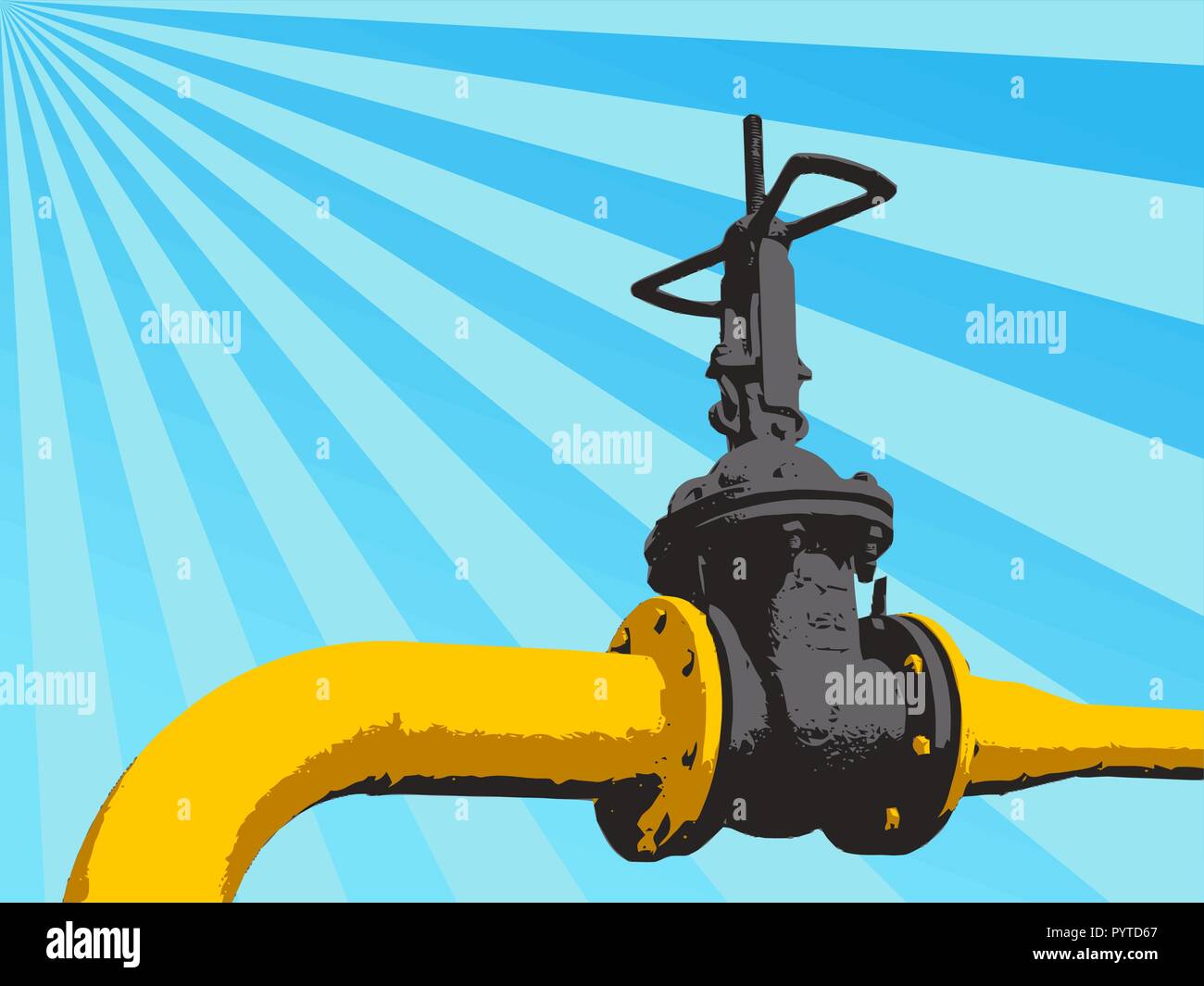 Ventil an der Gasleitung auf dem Hintergrund des blauen Himmels. Vector Illustration Stock Vektor
