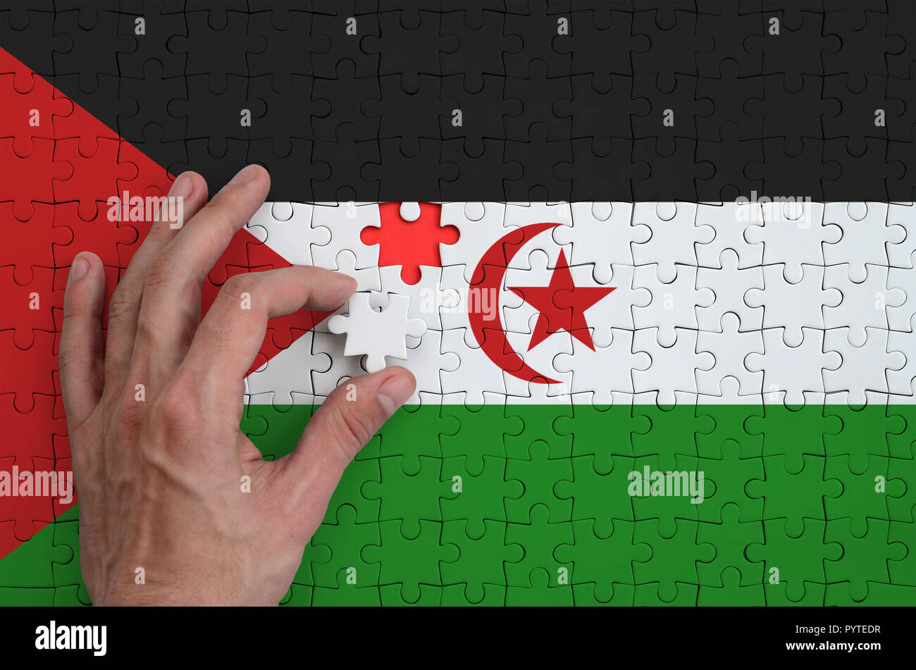 Westsahara Flagge ist ein Puzzle, die Hand des Mannes führt zu Falten dargestellt. Stockfoto