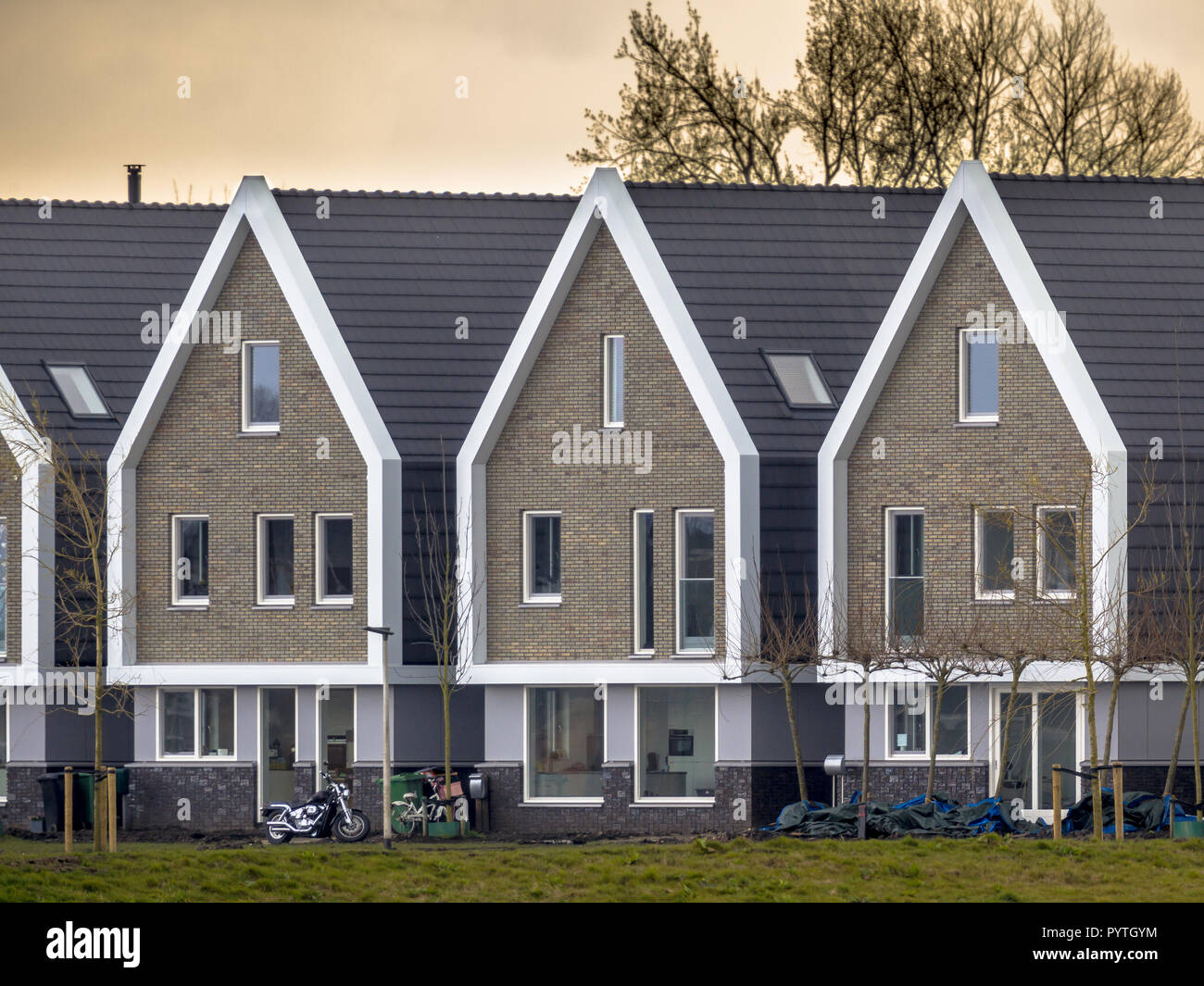 Zeile der modernen identisch freistehende Häuser in den Niederlanden bei Sonnenuntergang Stockfoto