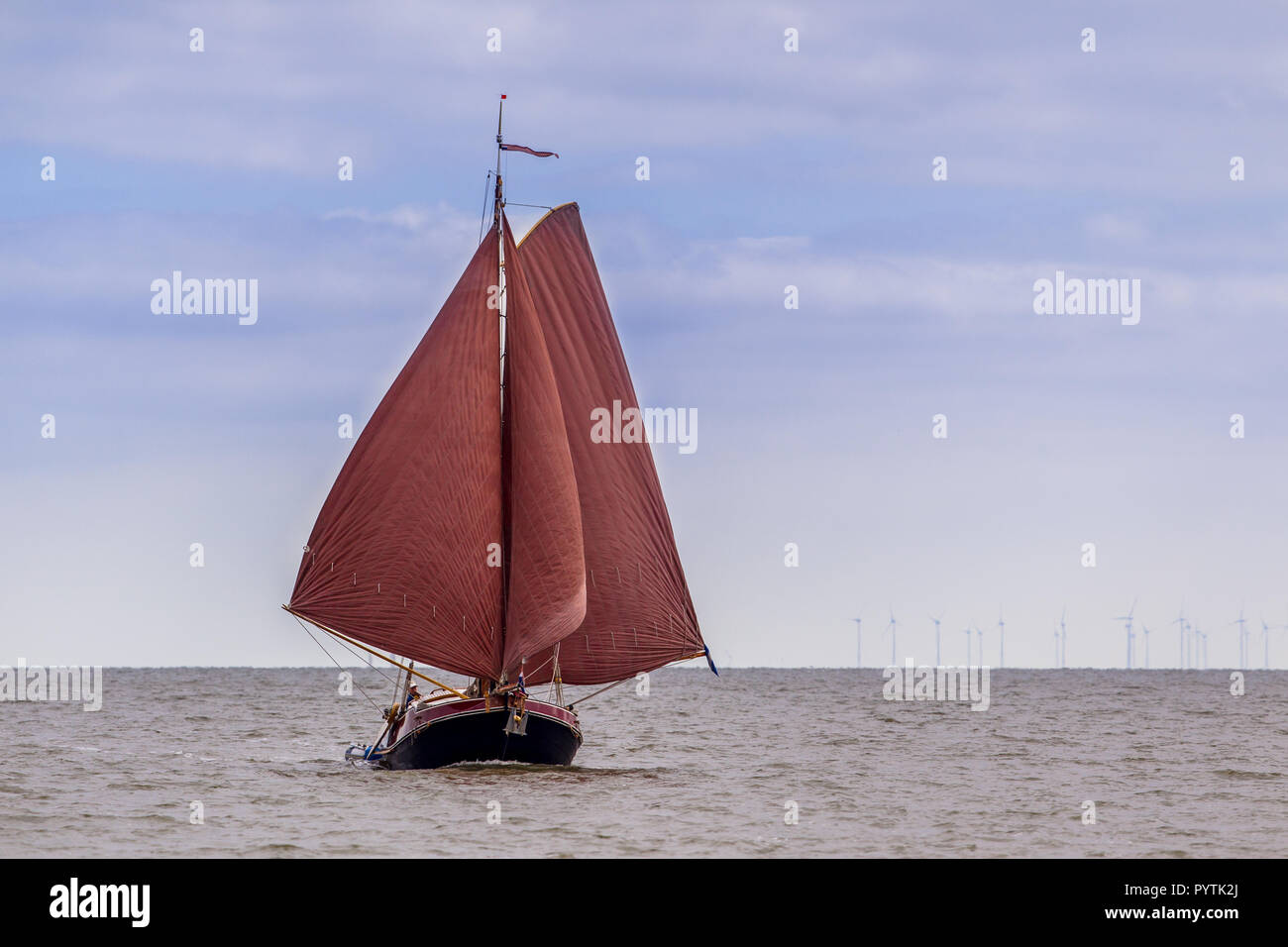Traditionelle niederländische flatbottom Segelboot auf das Wattenmeer Stockfoto