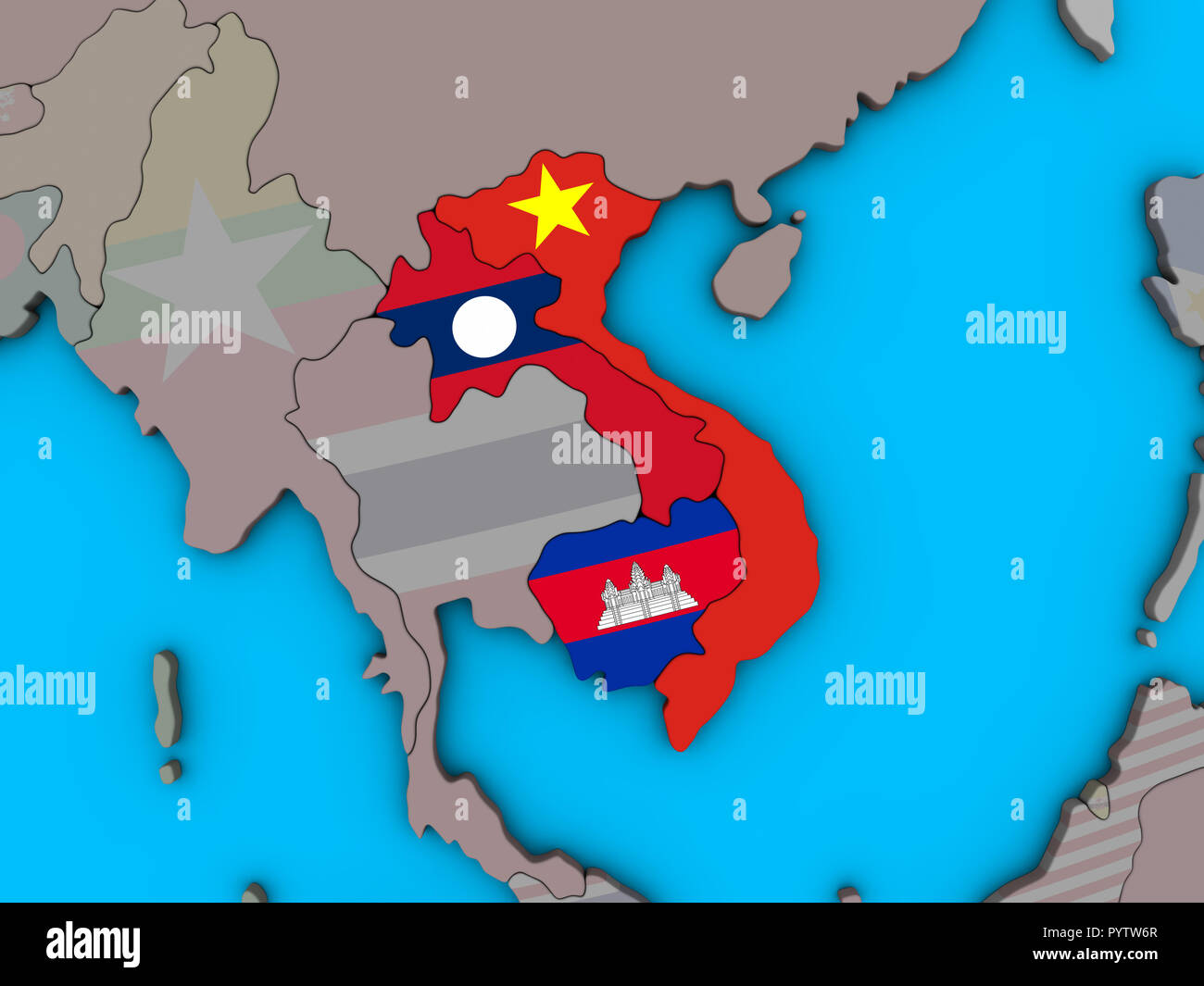 Indochina mit eingebetteten nationale Flaggen auf Blau politische 3D-Globus. 3D-Darstellung. Stockfoto