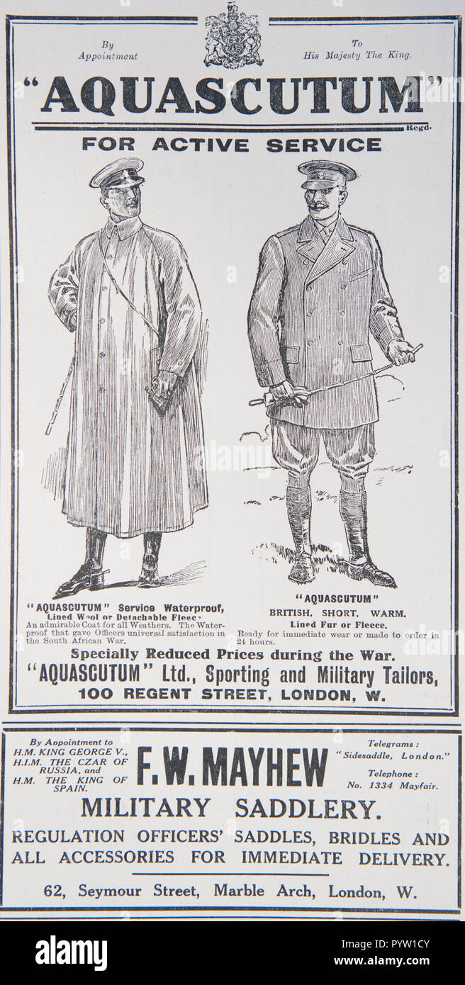 Eine alte Aquascutum Anzeige während des Ersten Weltkrieges. Von einer britischen Zeitschrift während des Zeitraums 1914-1918. England UK GB Stockfoto