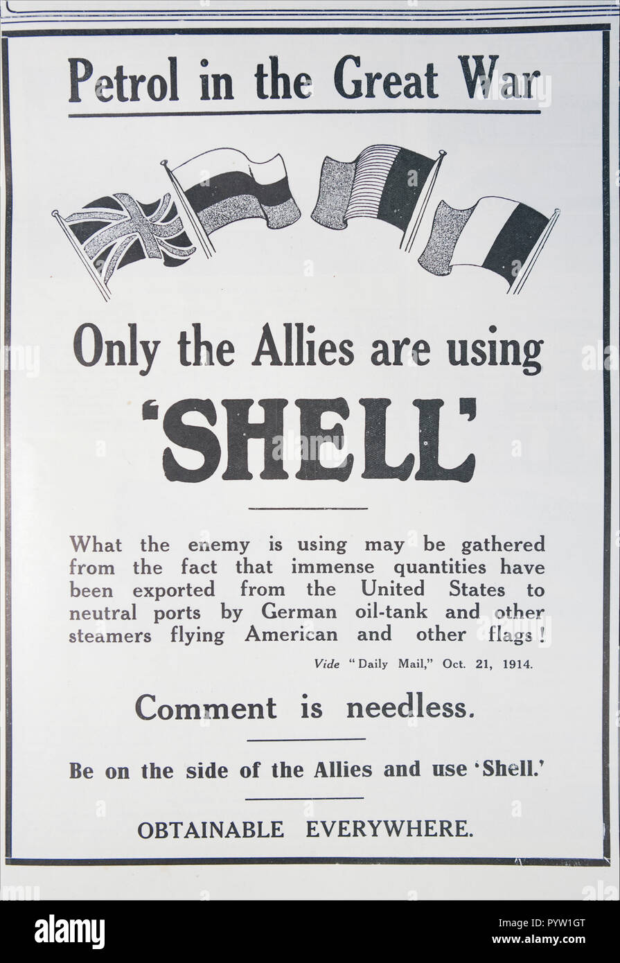 Alte Werbung für Shell Benzin aus dem Ersten Weltkrieg. Von einer britischen Zeitschrift während des Zeitraums 1914-1918. England UK GB Stockfoto