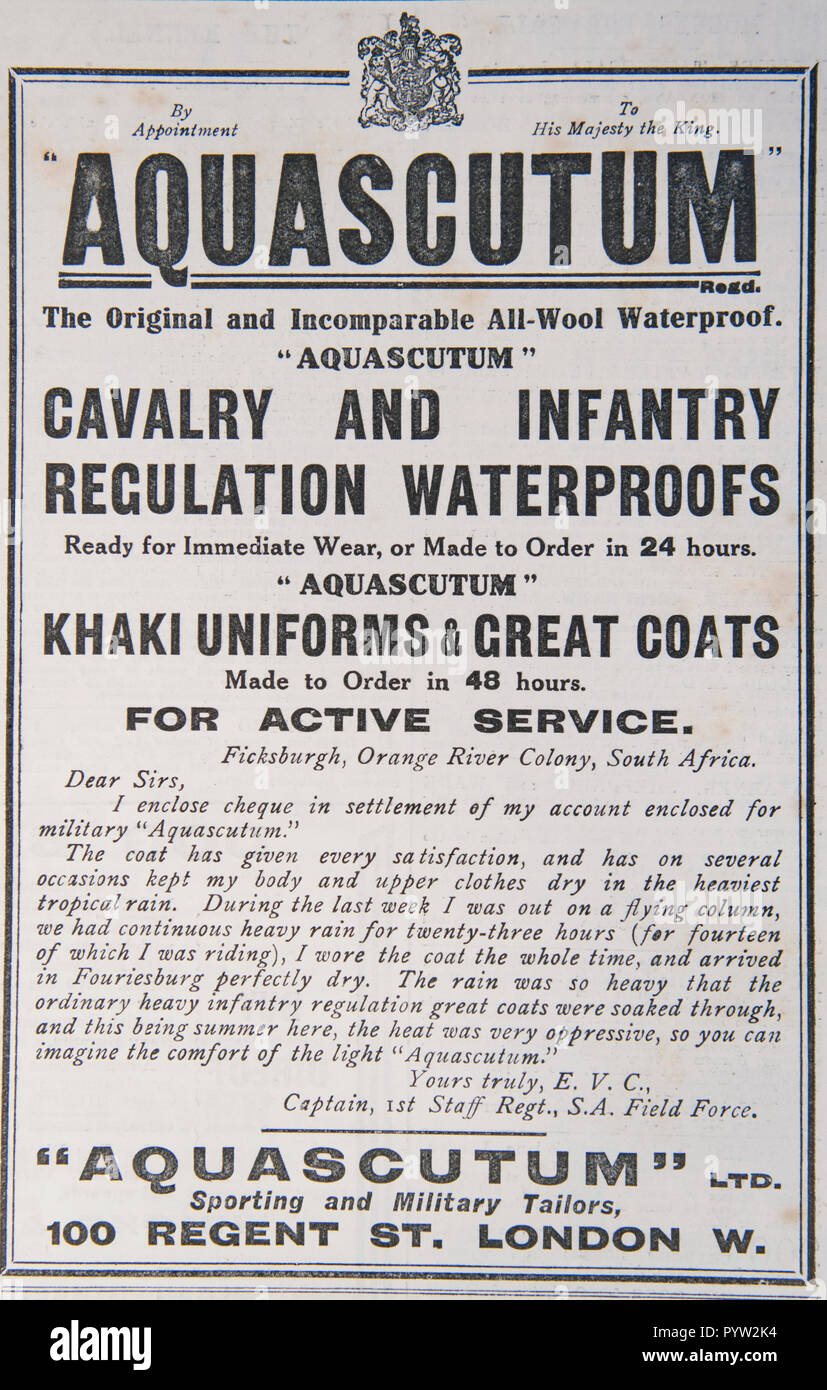 Eine alte Anzeige für Aquascutum Kleidung während des Ersten Weltkrieges. Von einer britischen Zeitschrift während des Zeitraums 1914-1918. England UK GB Stockfoto