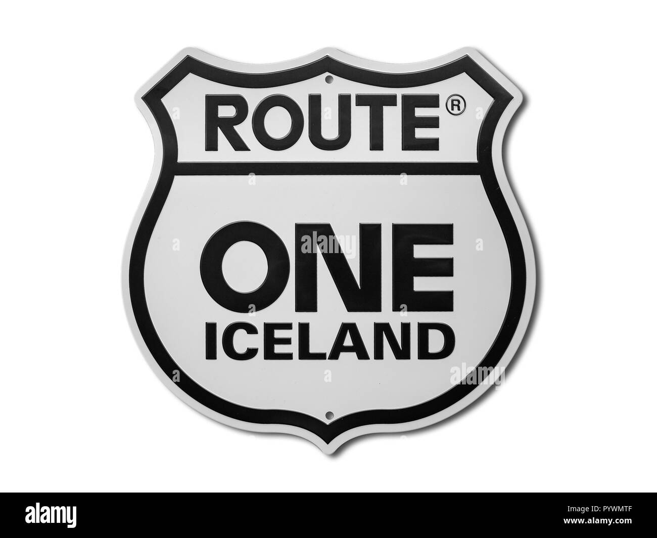 Beschilderung (Verkehrszeichen) Route 1 Island isoliert auf weißem Hintergrund Stockfoto