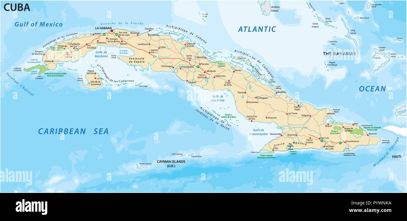 Kuba Straße und Nationalpark Vektorkarte. Stock Vektor