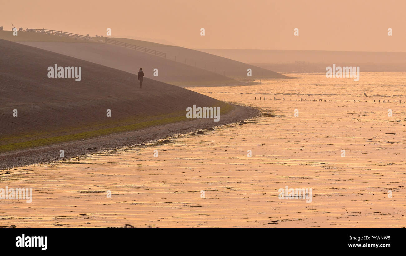 Person zu Fuß über die Deltawerke Deich des Wattenmeeres in orange Haze um Sonnenuntergang in Friesland, Niederlande Stockfoto