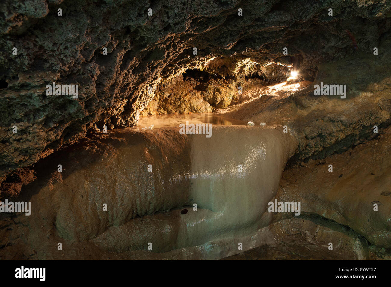 Das Gute an der Mutter Shipton Höhle, eine touristische Attraktion am Ufer des Flusses Nidd in Knaresborough, North Yorkshire Stockfoto