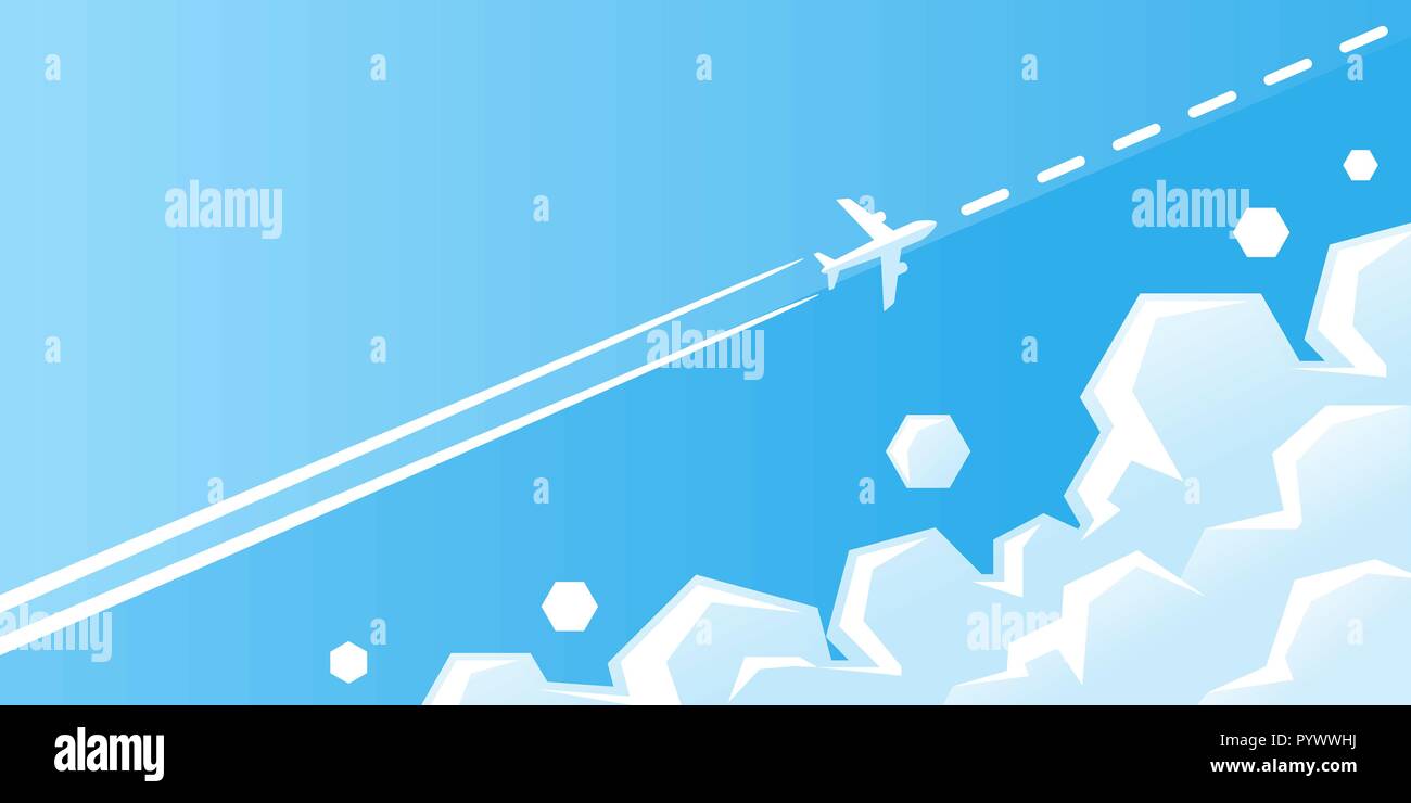 Weiße Flugzeug fliegen mit Trail in blauer Himmel mit Wolken Vector Illustration. Flugzeug fliegt in den Himmel auf der Route. Weiß Verkehrsflugzeug mit c Stock Vektor