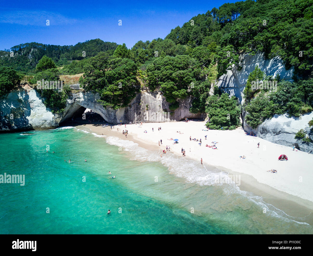 Luftaufnahme von Cathedral Cove in Coromandel Halbinsel, Neuseeland Stockfoto