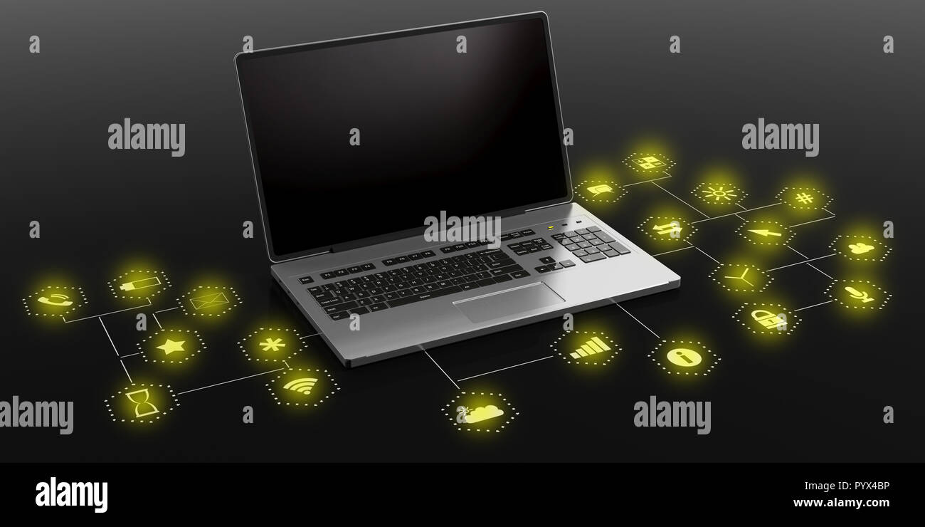 Laptop mit leeren Bildschirm auf schwarzen Hintergrund mit App Icons, kopieren. 3D-Darstellung Stockfoto