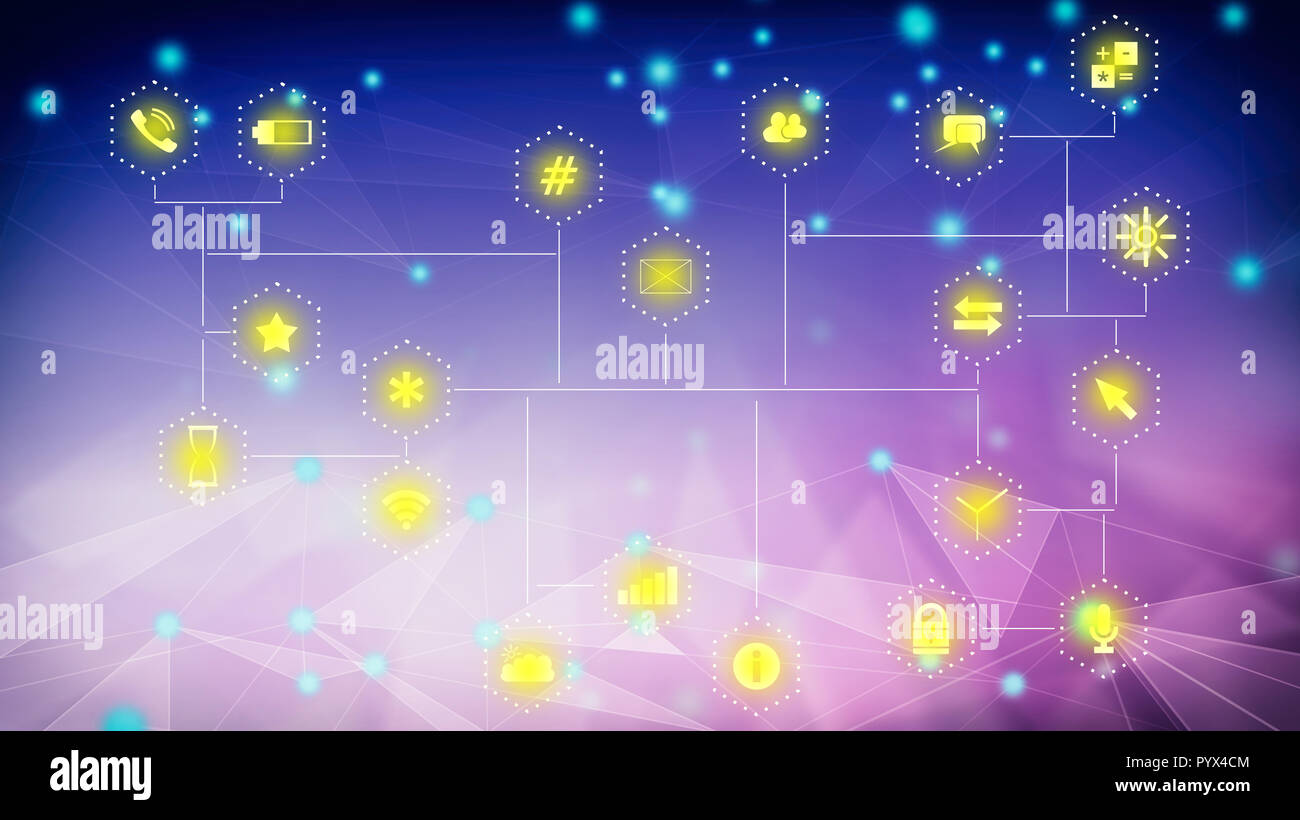 Abstrakte Netzwerkverbindung apps Symbole Hintergrund, geometrische Form. 3D-Darstellung Stockfoto