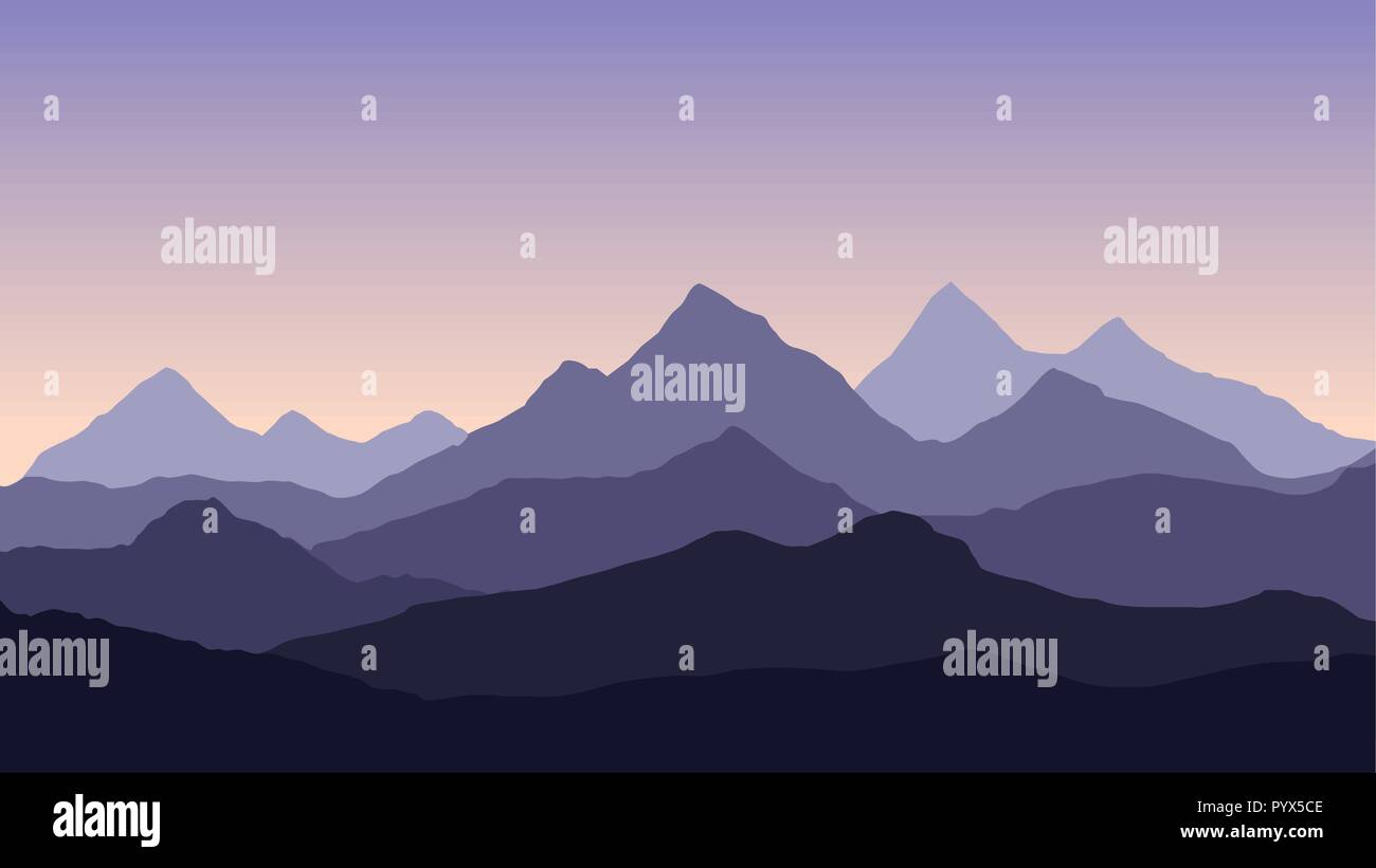 Vektor abstrakte Darstellung eines vielschichtigen Berglandschaft unter einem lila Morgen oder Abend Himmel mit einem steigenden oder untergehende Sonne-Vektor Stock Vektor