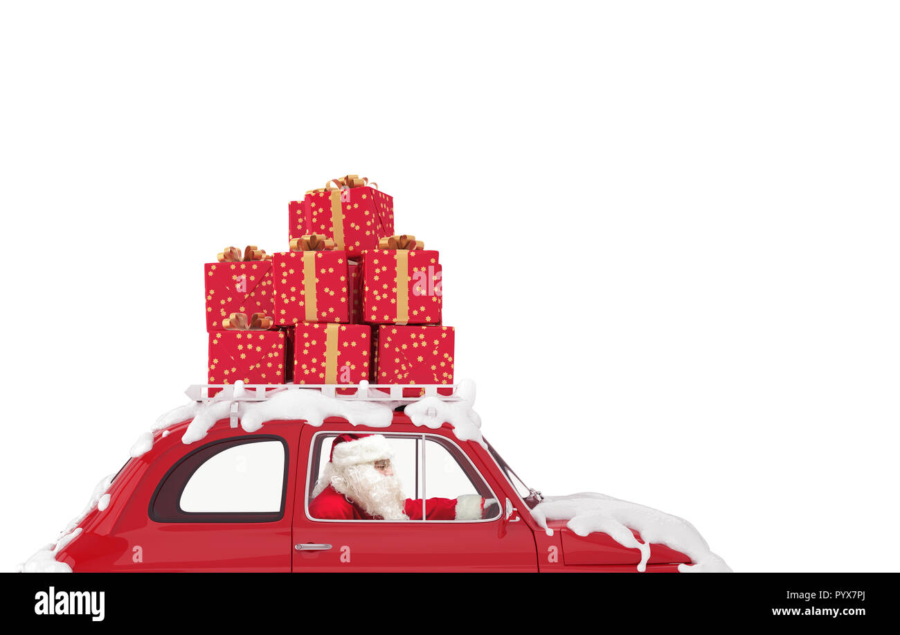 Santa Claus auf einem roten Auto voller Weihnachtsgeschenk Laufwerke zu liefern Stockfoto