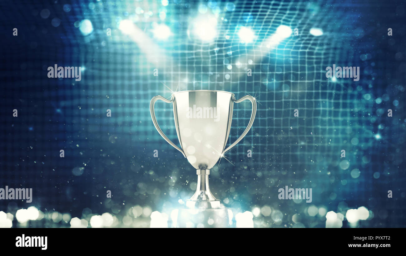 Silber Sieger s Cup im Rampenlicht mit Fußball net Hintergrund Stockfoto