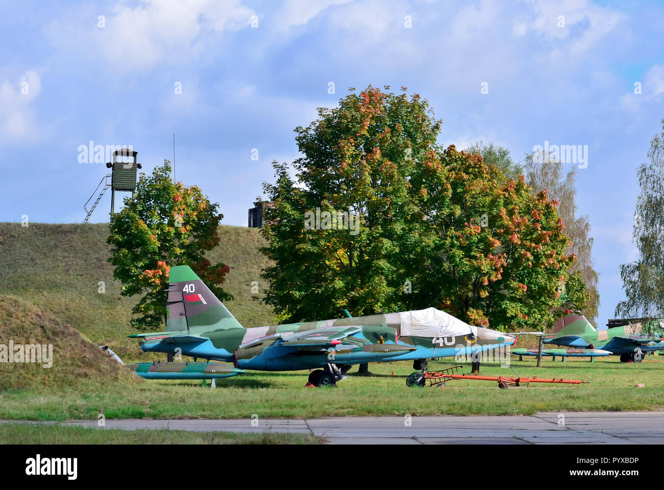 Belarus, der luftwaffenstützpunkt von Lida. 09/19/2016. Suchoi Su-25 Frogfoot Erdkampfflugzeug, Belarus airforce Stockfoto