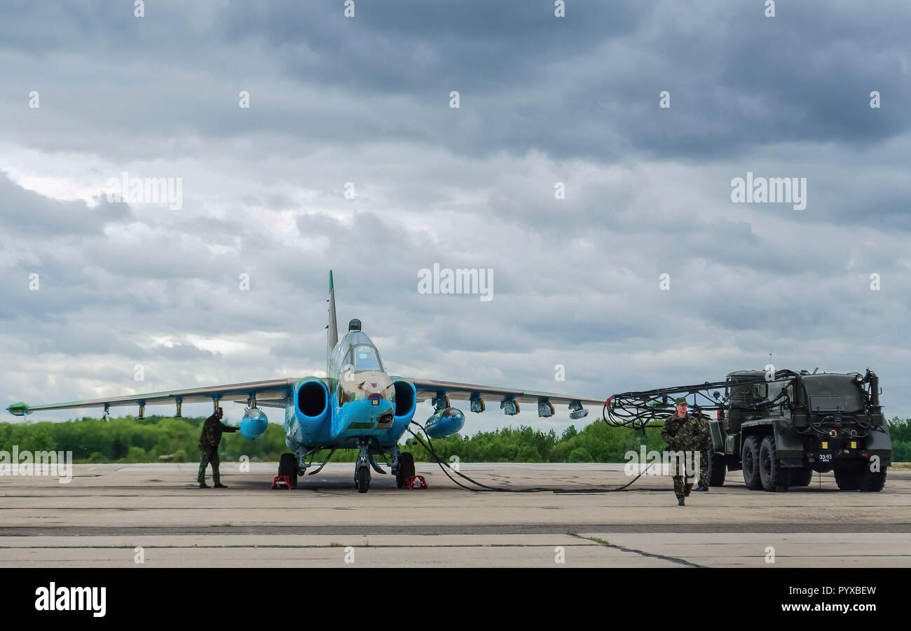 Belarus. Minsk. Juli 3, 2018. Eine russische Suchoi Su-25 Frogfoot Erdkampfflugzeug des weißrussischen AirForce Stockfoto