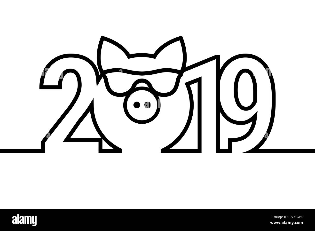 Schwein 2019 Schwarze und Weiße Emblem. Symbol. Frohe Weihnachten und guten Rutsch ins neue Jahr. Ressourcen für die Erstellung von Postkarten, Kalender oder Poster Stockfoto