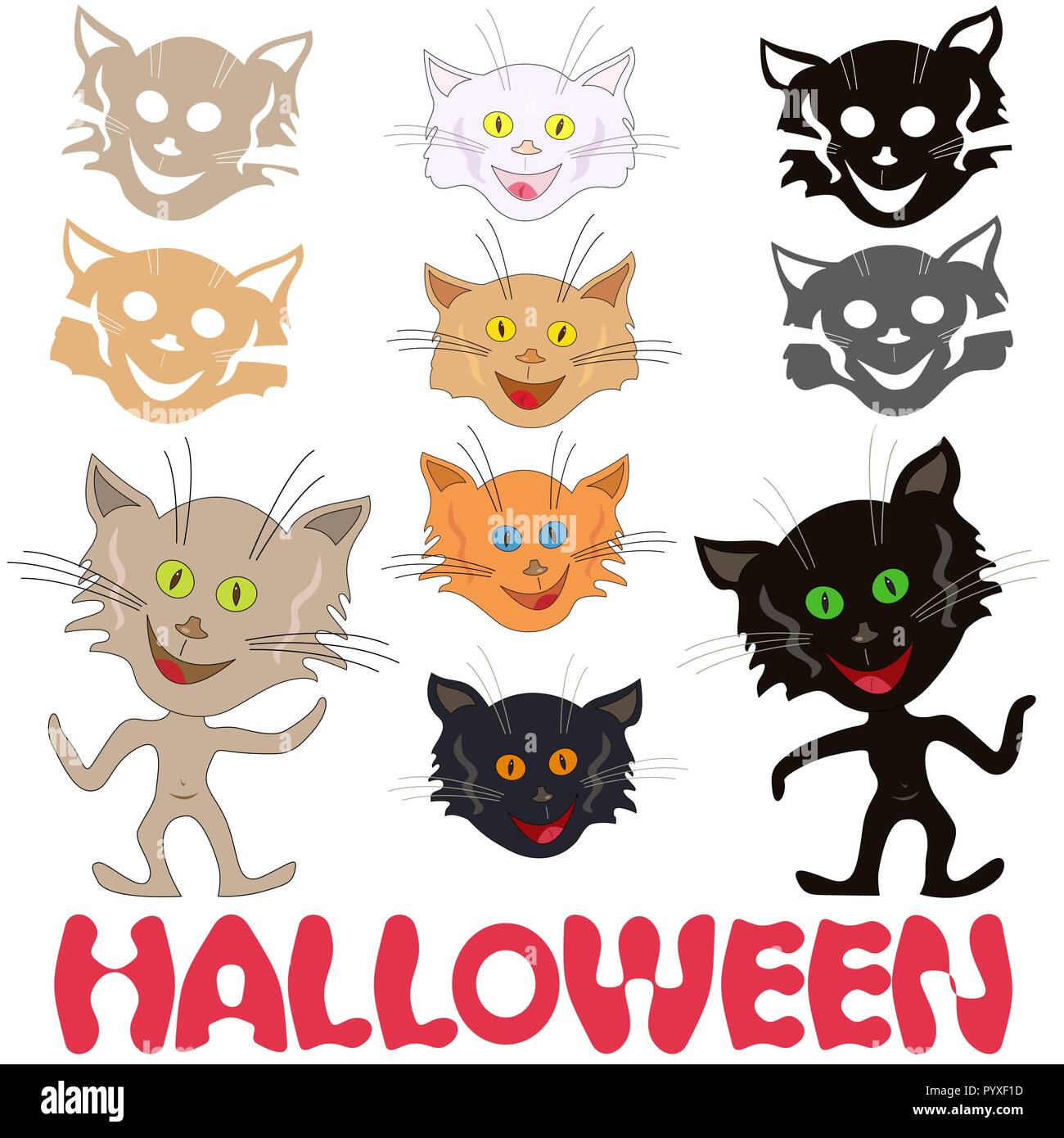 Halloween set lustige Katzen, Katzen Masken und Schablonen von Gesichtern und Halloween Inschrift, vektor design Elemente auf weißem Hintergrund Stock Vektor