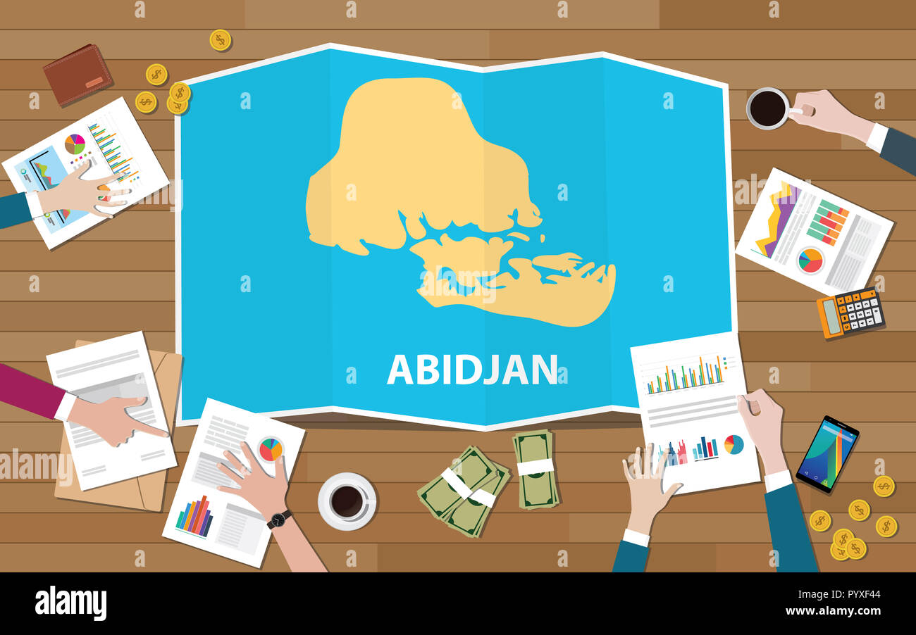 Abidjan Cote de ivoire Ort Region Wirtschaft Wachstum mit Team auf ausklappbaren Karten von oben Vector Illustration anzeigen diskutieren Stockfoto