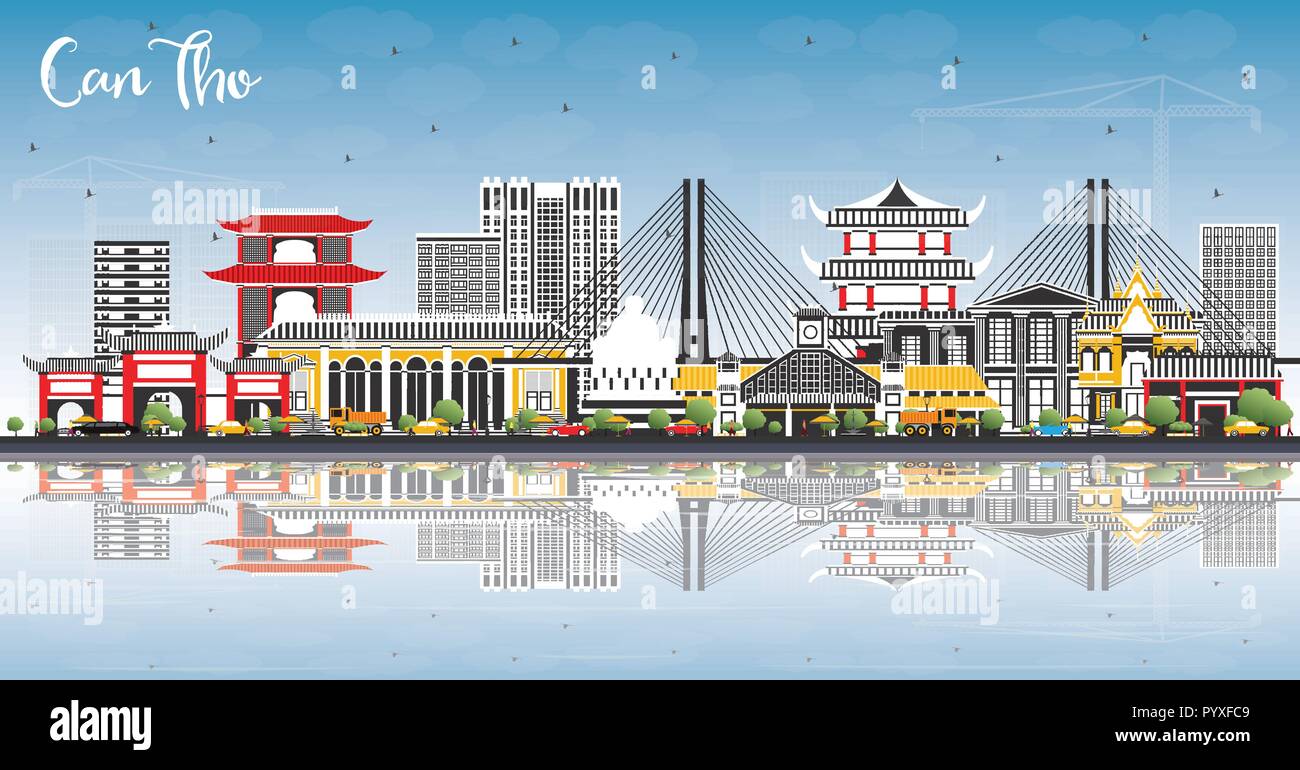 Can Tho Vietnam Skyline der Stadt mit grauen Gebäude, blauer Himmel und Reflexionen. Vector Illustration. Business Travel und Tourismus Konzept Stock Vektor