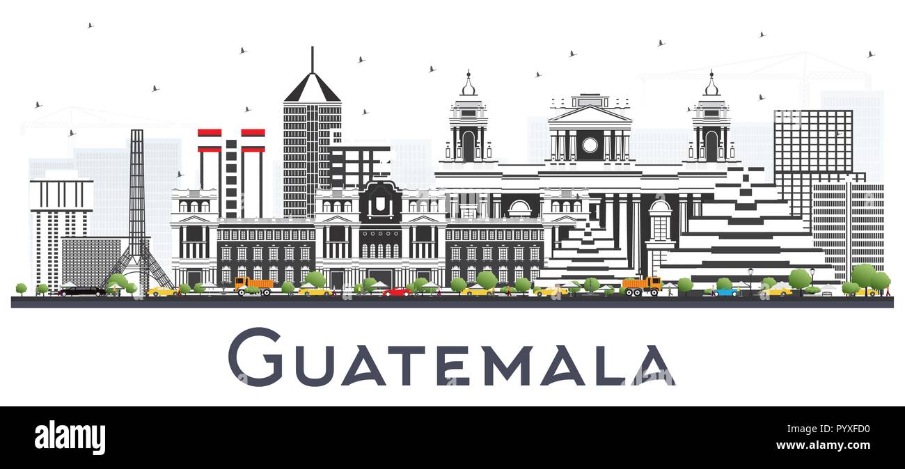 Guatemala City Skyline mit grauen Gebäude isoliert auf Weiss. Vector Illustration. Business Travel und Tourismus Konzept mit moderner Architektur. Stock Vektor