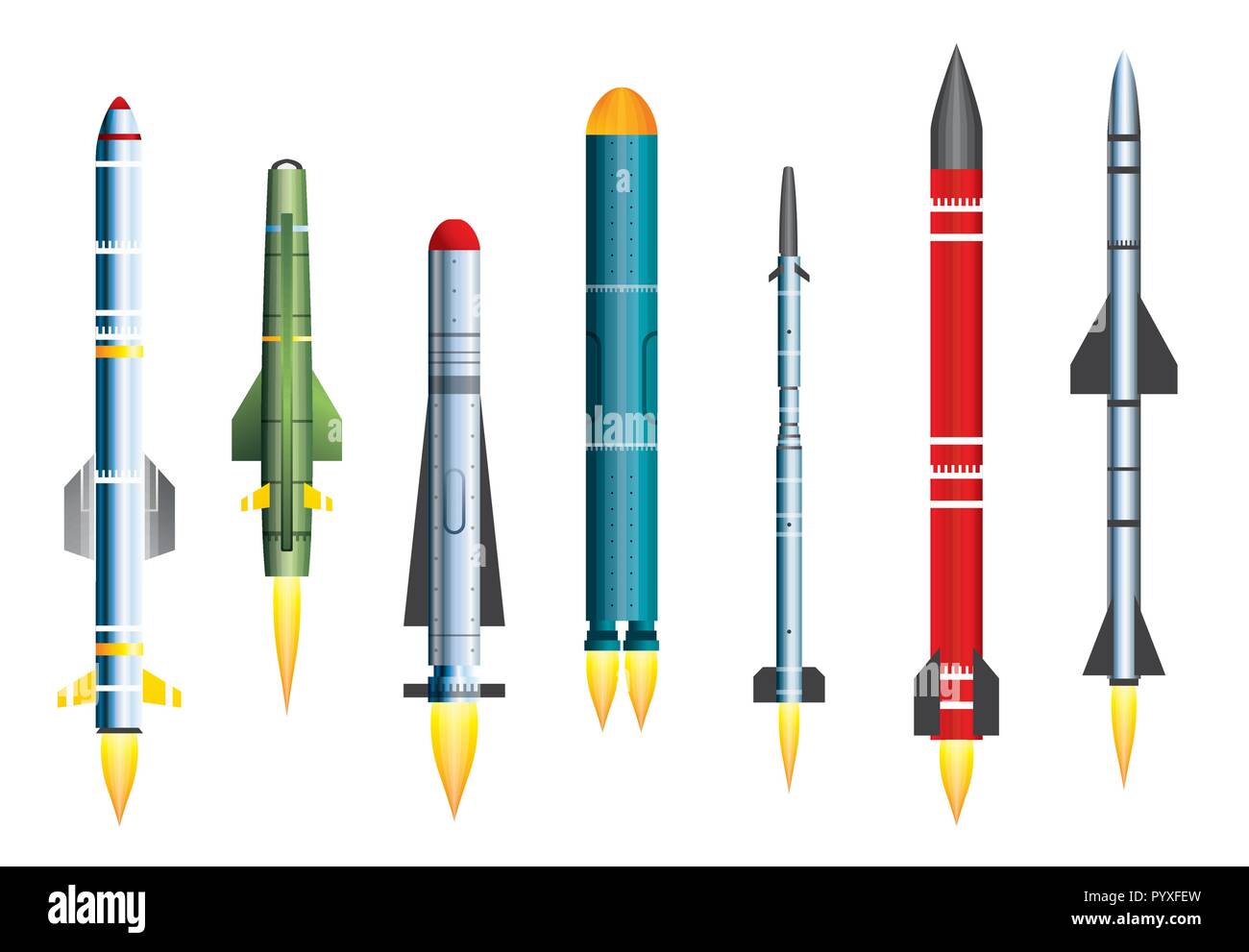 Militärische Rakete Rakete isoliert auf Weiss. Vector Illustration. Ballistische Interkontinentalrakete mit Atombombe. Boden-/Luft- und Luft-zu-Luft verpassen Stock Vektor