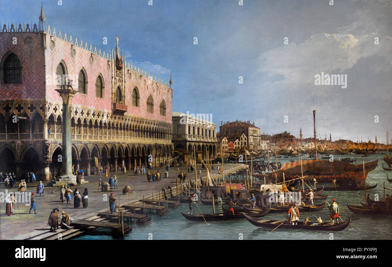 Der Pier in der Nähe von Riva degli Schiavoni, die mit der Spalte von San Marco von Canaletto (1697 - 1768) aus dem 18. Jahrhundert, Italienisch in Italien, Venedig, Stockfoto