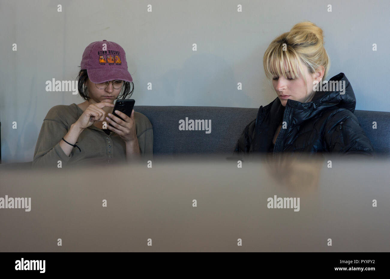 Junge Frauen mit ihrem Handy während in einem Coffee Shop in Lake, Texas. Stockfoto