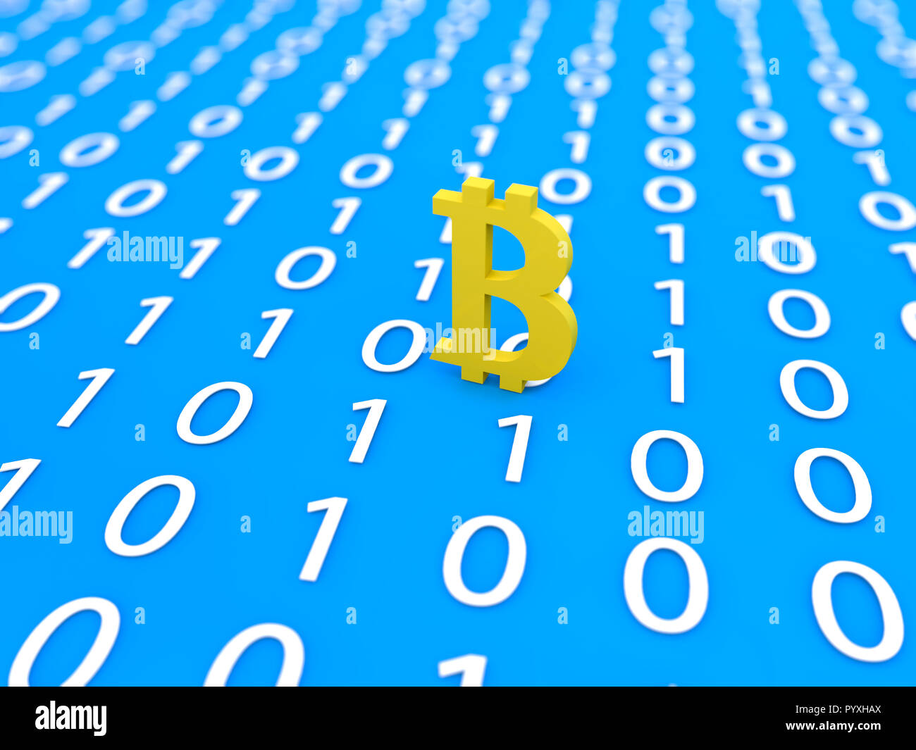 Bitcoin Zeichen auf einem digitalen Hintergrund. 3D Rendering Illustration. Stockfoto
