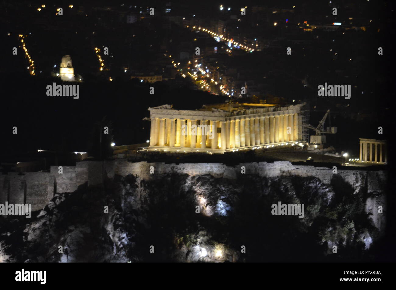 Nacht Aussicht auf den Parthenon und die Akropolis von der Lycabettus Hügel Stockfoto