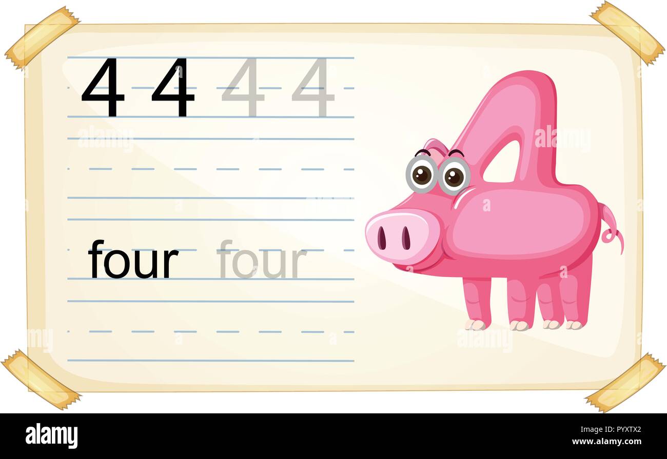 Nummer vier Schwein Arbeitsblatt Abbildung Stock Vektor