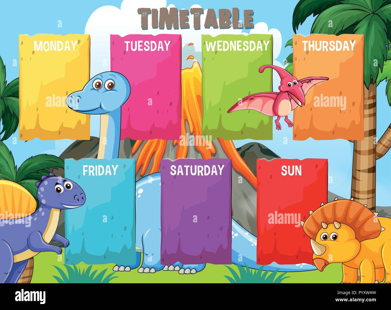 Zeitplan mit bunten Dinosaurier Vorlage Abbildung Stock Vektor