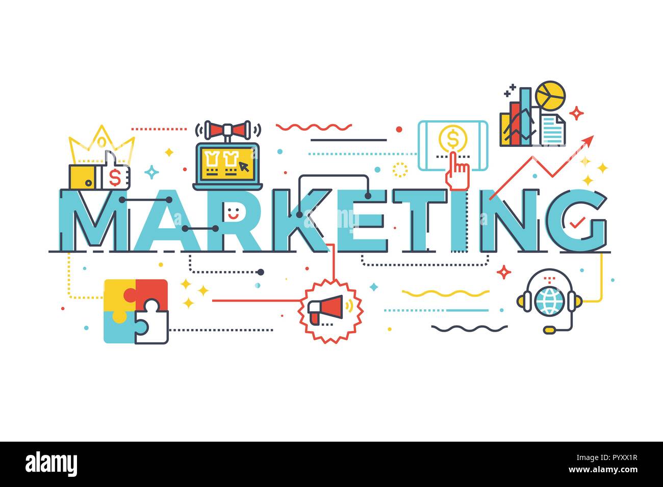 Marketing Wort in Geschäftskonzept, Schriftzug design Illustration mit Zeile für Symbole und Ornamente in Blue Theme Stock Vektor