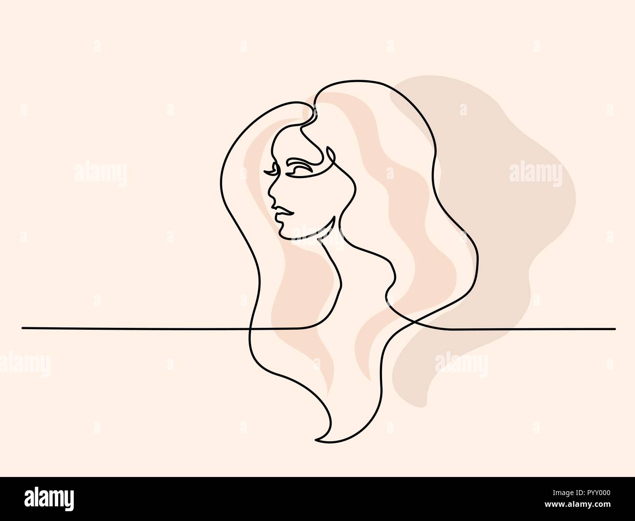 Kontinuierliche eine Linie zeichnen. Abstrakte Porträt der hübsche junge Frau mit schönem Haar. Vector soft color Abbildung Stock Vektor