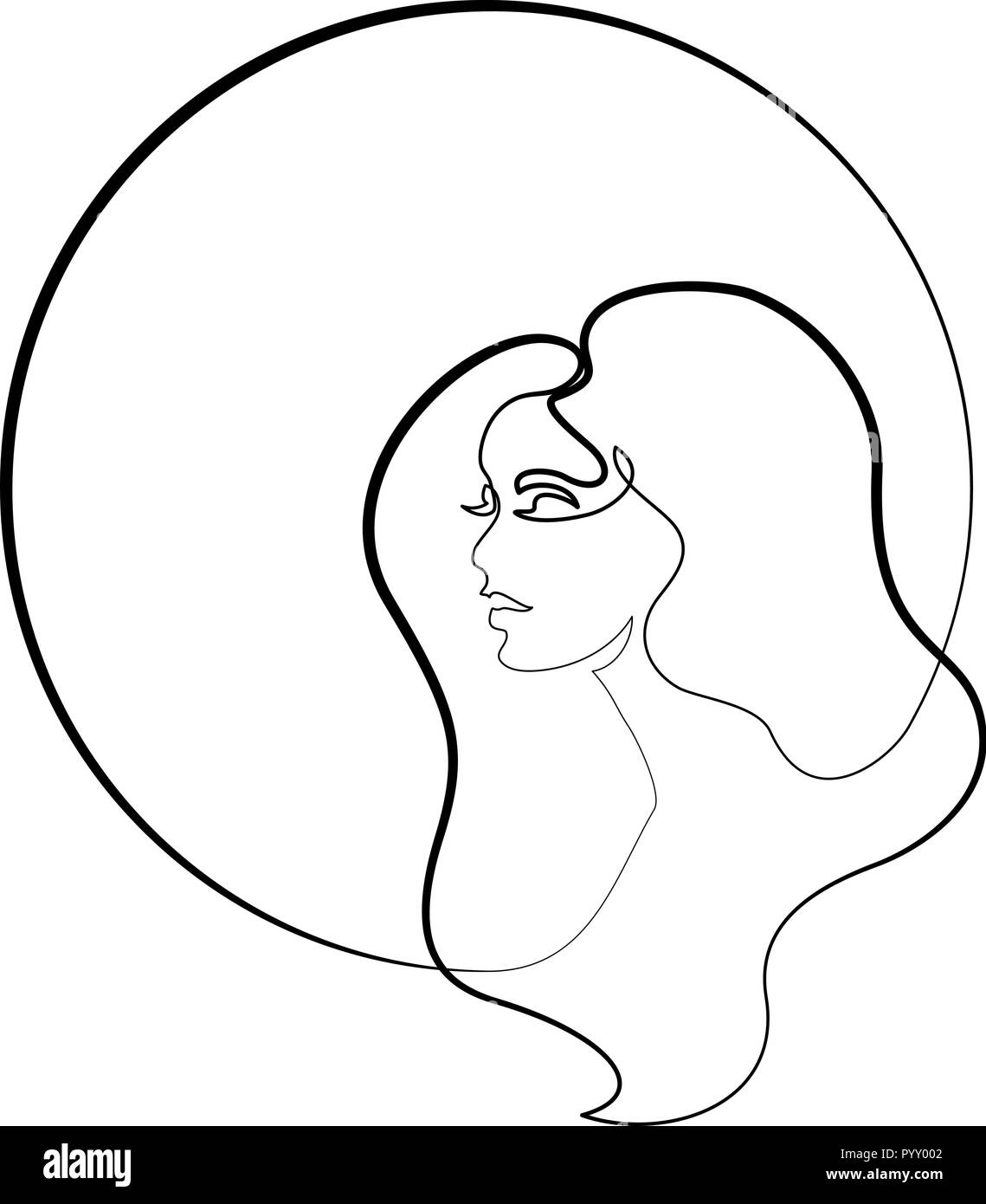 Kontinuierliche eine unterschiedliche Breite Linie zeichnen. Abstrakte Porträt der hübsche junge Frau mit schönen Haar in Umlauf. Vector Illustration Stock Vektor