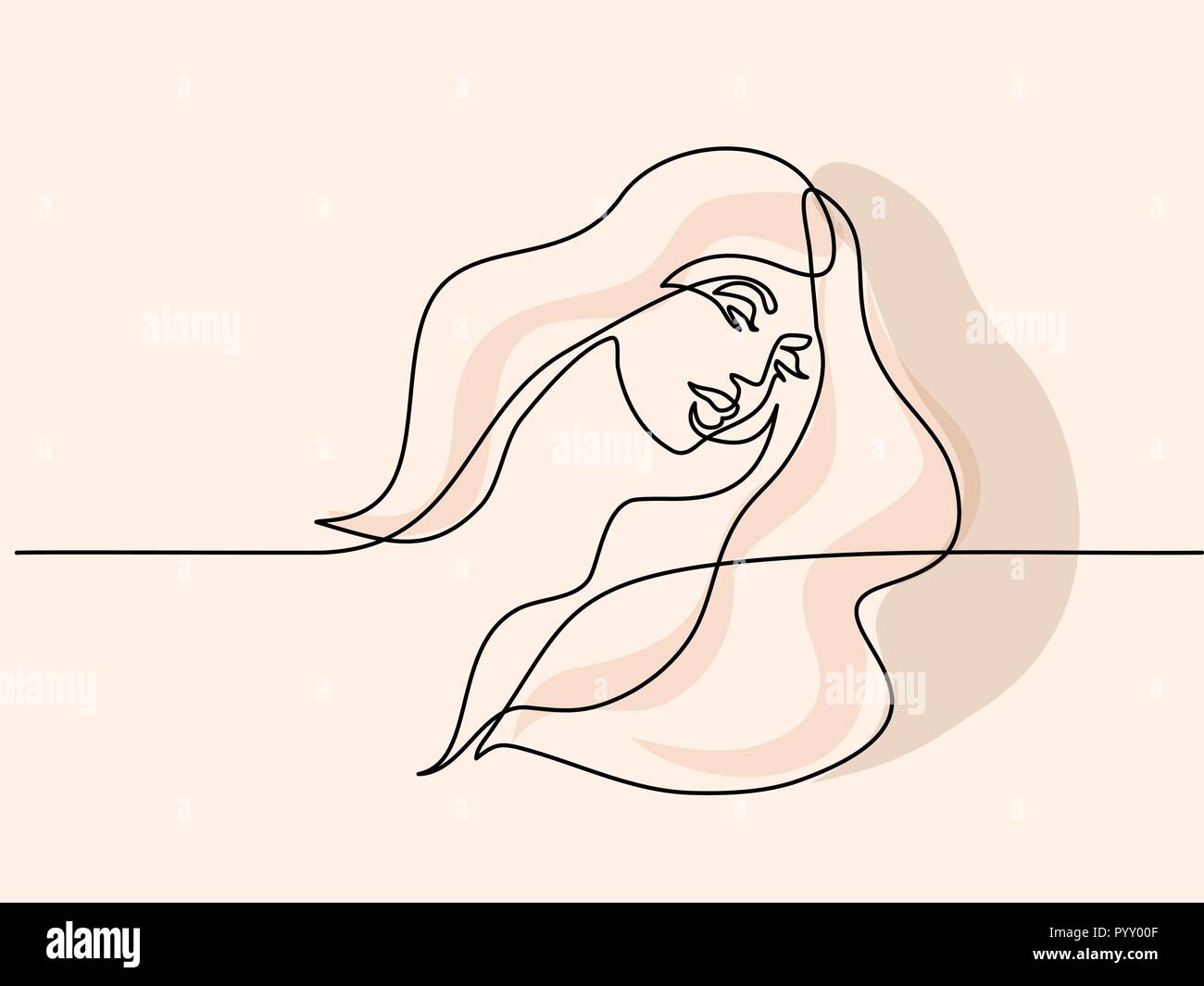 Kontinuierliche eine Linie zeichnen. Abstrakte Porträt der hübsche junge Frau mit schönem Haar. Vector soft color Abbildung Stock Vektor