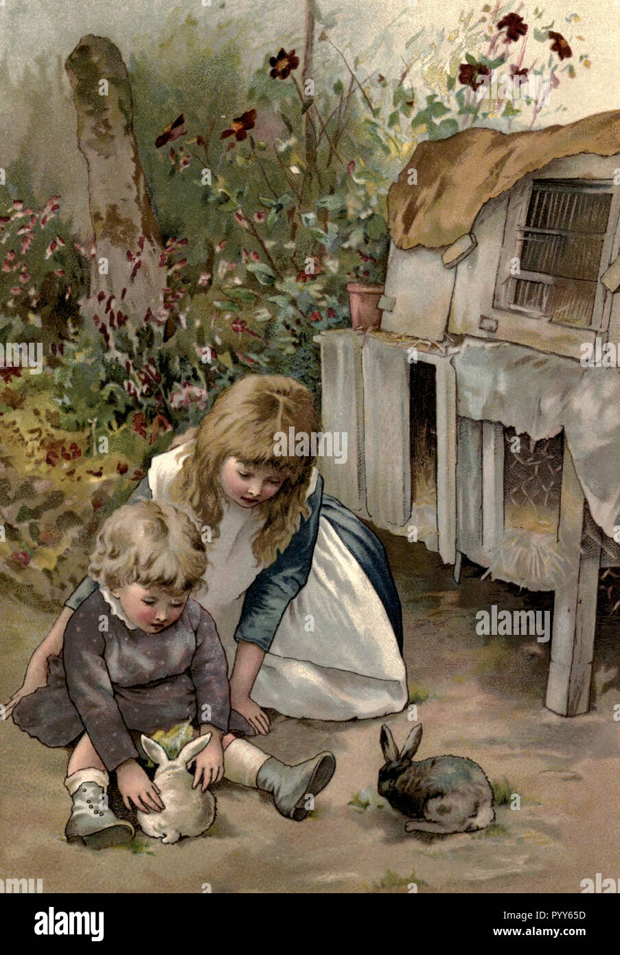 Zwei kleine Mädchen spielen mit ihren Haustier Kaninchen in der viktorianischen Ära Stockfoto