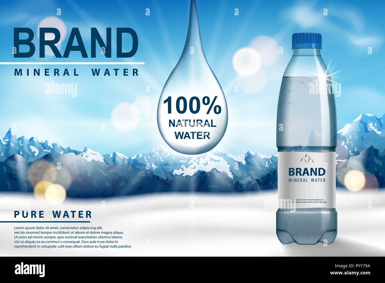 Mineralwasser ad, Kunststoff Flasche mit rein mineralische Flüssigkeit auf Schnee mit Bergen im Hintergrund. Transparente Trinkwasser die Gestaltung der Flaschen an. 3D-Vektor Stock Vektor