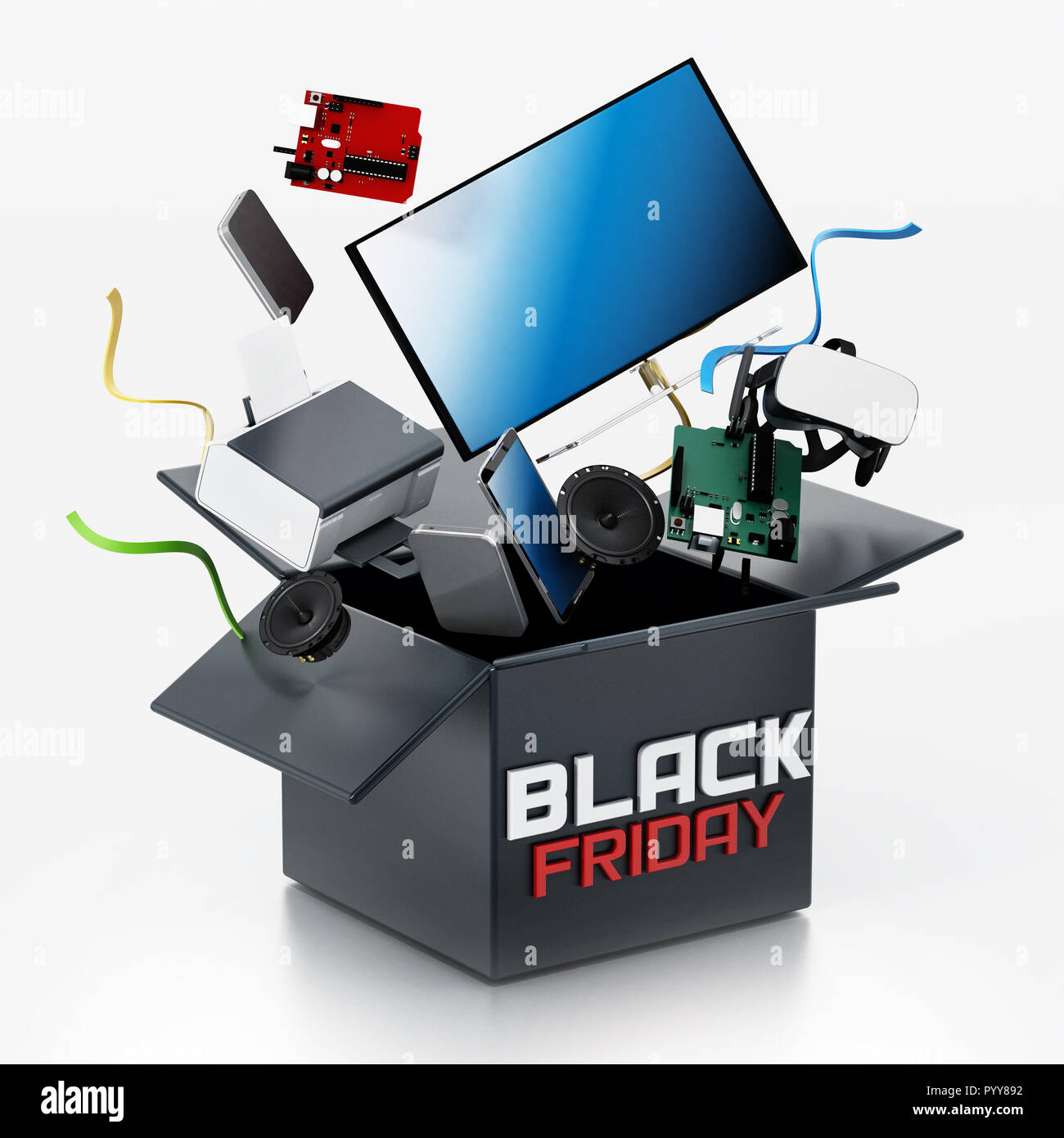 Schwarzer Freitag Box mit elektronischen Geräten. 3D-Darstellung. Stockfoto