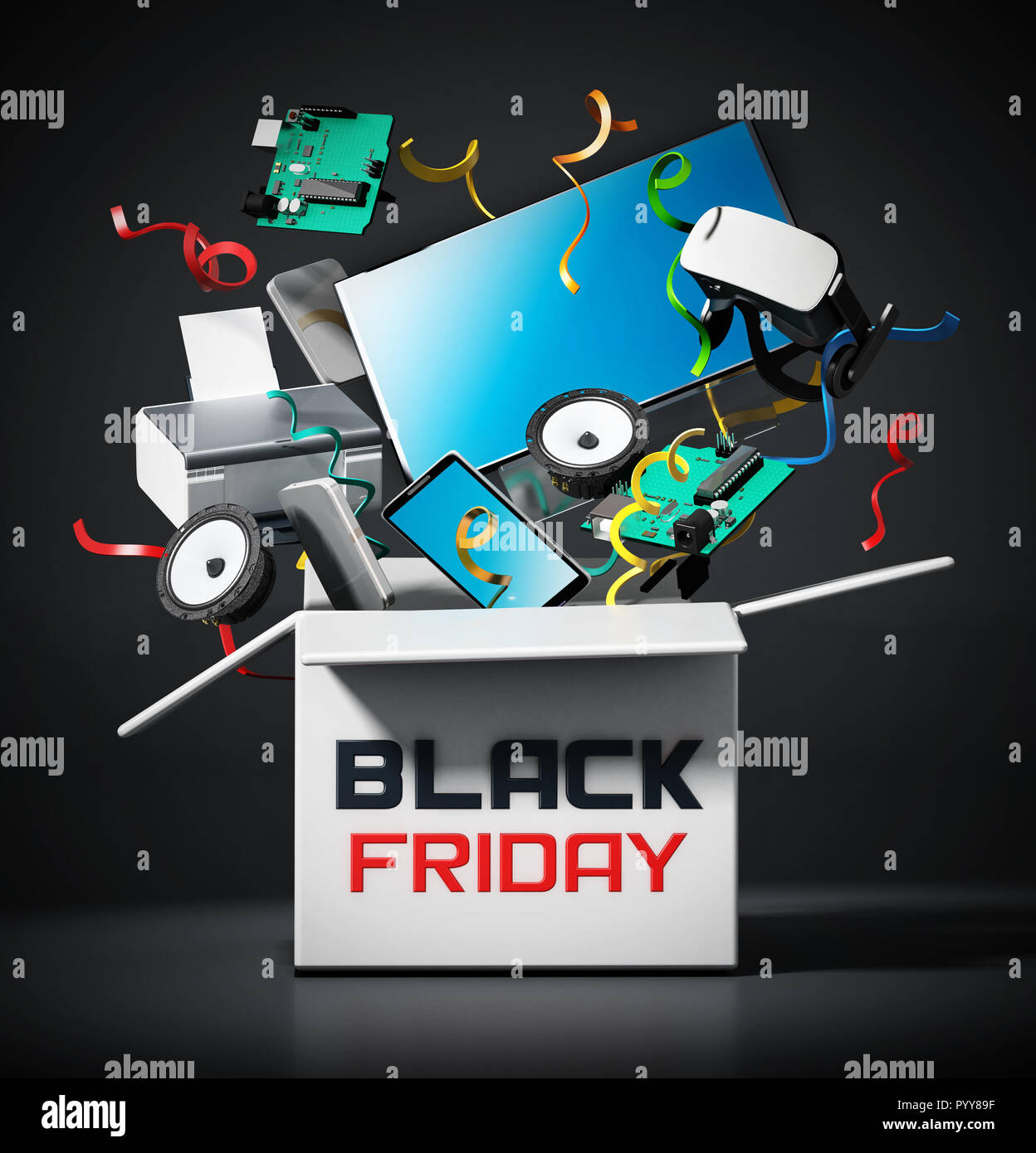 Schwarzer Freitag Box mit elektronischen Geräten. 3D-Darstellung. Stockfoto