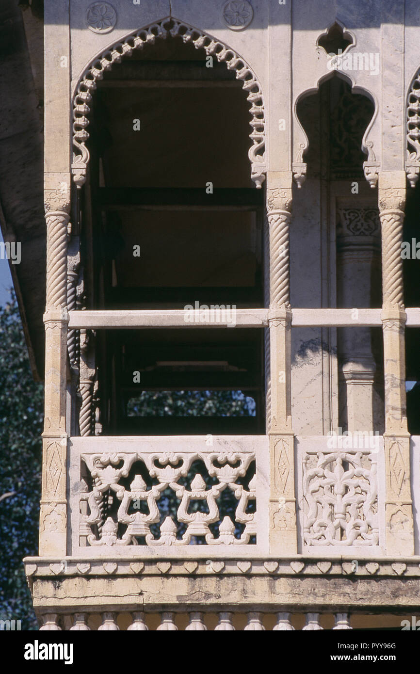 Geschnitzten Marmor Balkon, Mubarak Mahal, City Palace, Jaipur, Rajasthan, Indien, Asien Stockfoto