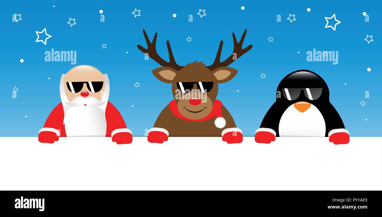 Cool rentier Santa und Pinguin cartoon mit Sonnenbrille auf verschneiten Hintergrund banner Vektor-illustration EPS 10. Stock Vektor