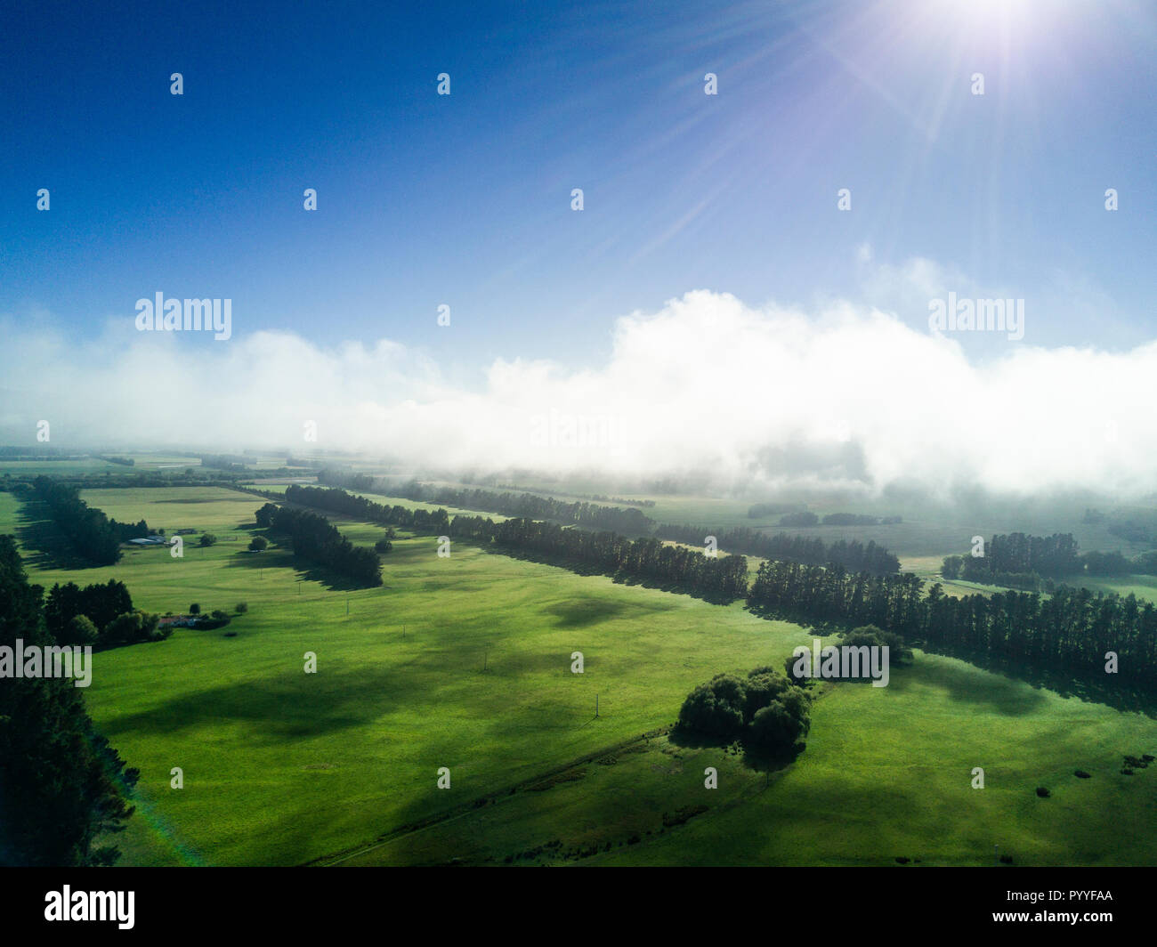 Luftaufnahme in niedrigen Wolken von Neuseeland Landschaft auf der Südinsel. Stockfoto