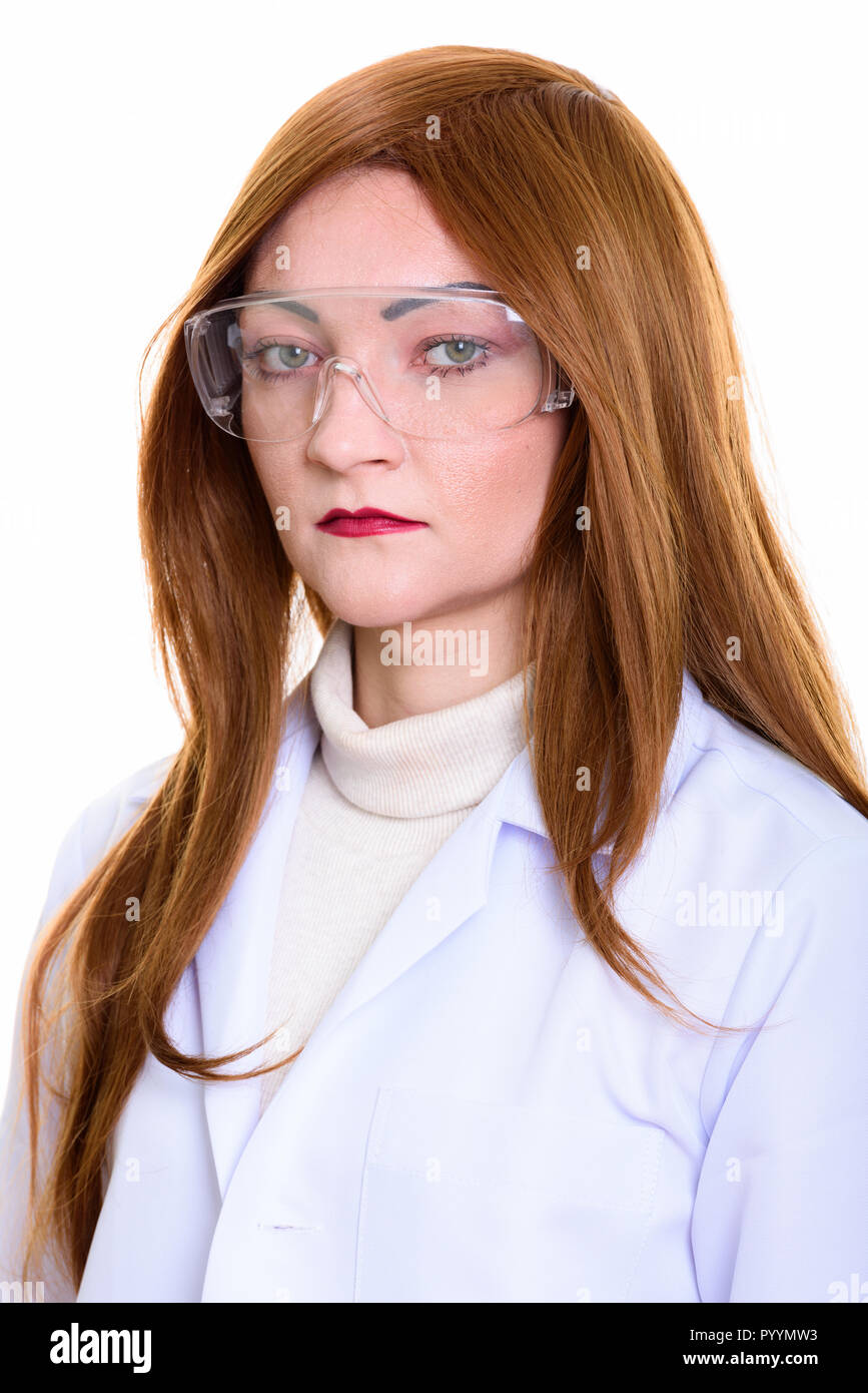 Studio Aufnahme des Gesichts der Frau Doktor tragen Schutzbrille Stockfoto