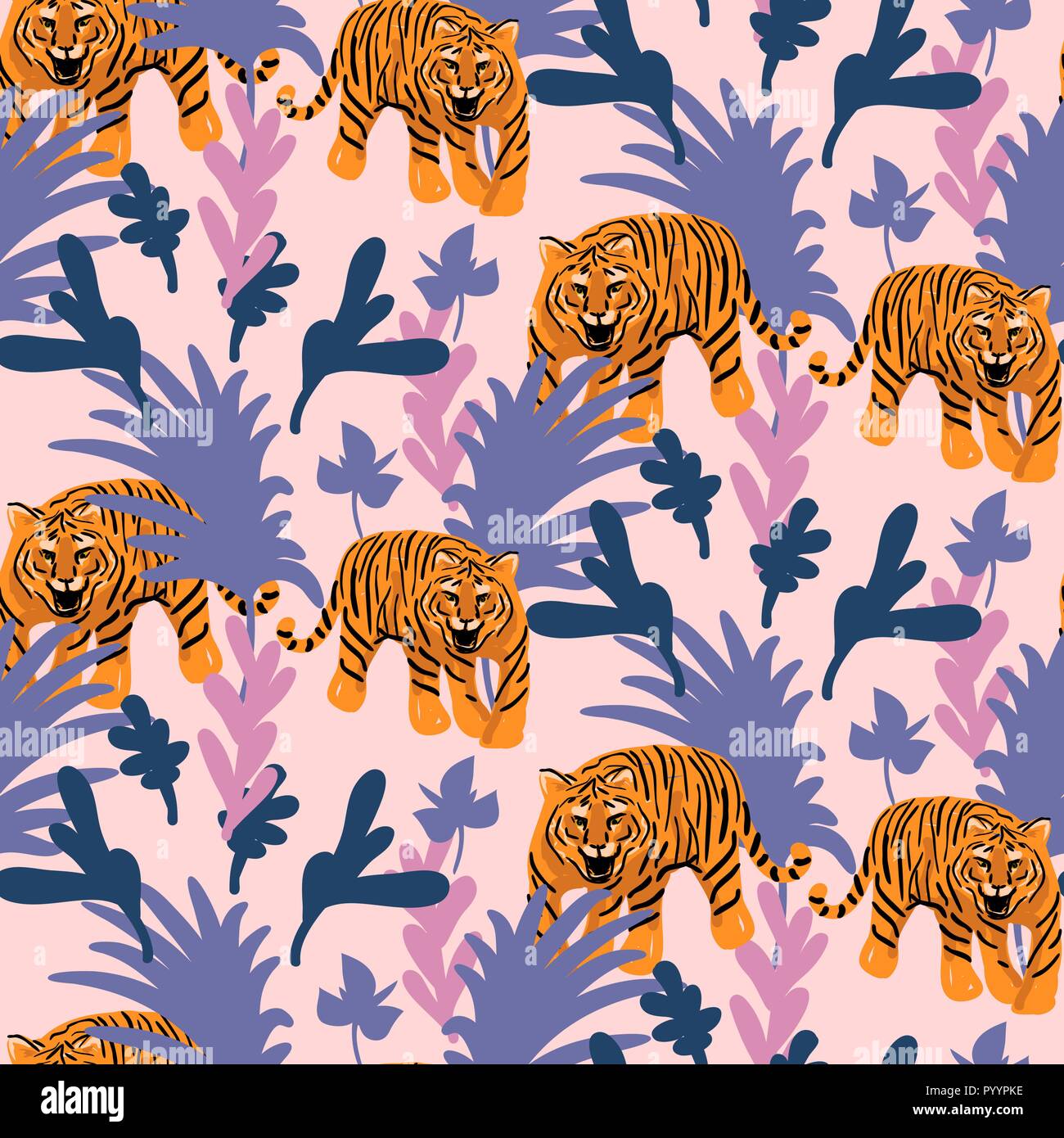 Vektor nahtlose Muster mit Tiger im Dschungel. Tropical pink und lila Hintergrund für Gewebe und Tapeten druckt. Stock Vektor