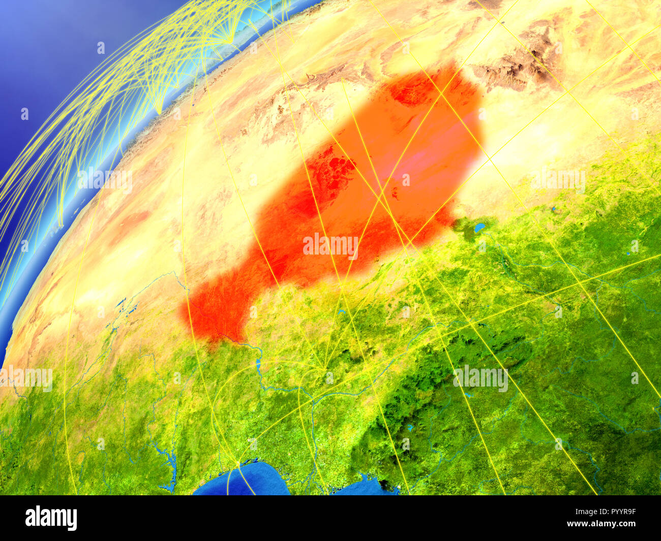 Am Modell des Planeten Erde mit internationalen Netzwerken Niger. Konzept der digitalen Kommunikation und Technologie. 3D-Darstellung. Elemente dieses Bild f Stockfoto