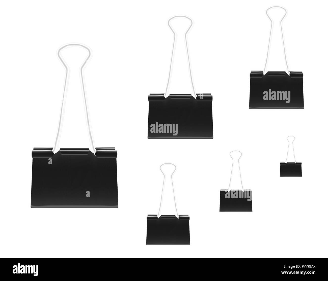 Schelle für Papier, realistisch Vector Illustration. In verschiedenen Größen. Black Metal binder clips auf weißem Hintergrund Stock Vektor
